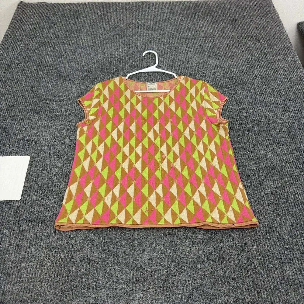 Vintage Chanel Knit Top Womens 46 Pink Green Brown Diamond Harlequin Luxury Y2K
